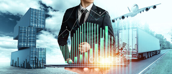Businessman truck and containers digital charts, transportation statistics. Application concept for tracking parcels, delivery business, online logistics.