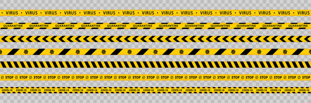Warning quarantine tape set. Coronavirus stop stripes. Covid-19. Seamless ribbons barricade. Black and yellow striped.
