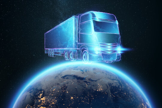 Truck and containers digital graphics. applications for tracking parcels, online delivery service, logistics.