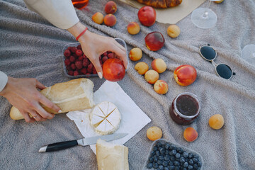 Delicious healthy summer picnic on the grass. Fruits on a blancet.