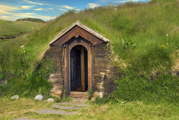 Entrance door of Eric the Red longhouse, Narsarsuaq, Greenland, Denmark