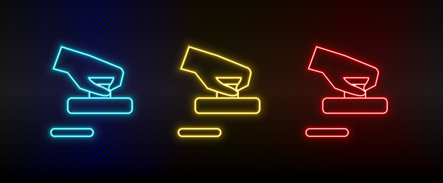 Neon Icons. Air Hockey Board Game Hand. Set Of Red, Blue, Yellow Neon Vector Icon