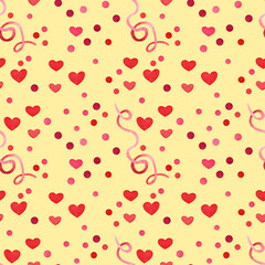 Seamless pattern with confetti. Watercolor illustration for Valentine's Day. Design for cards, invitations, textiles, decoupage, scrapbooking, background, wrapping paper