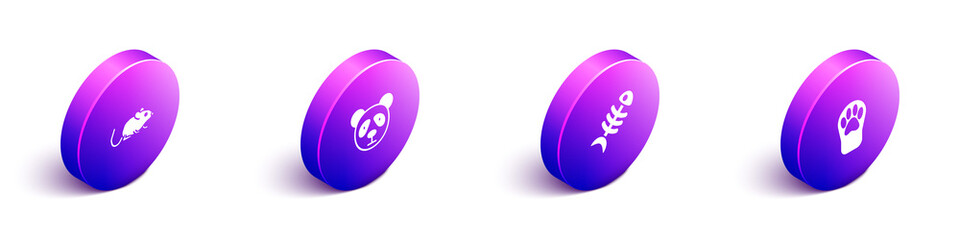 Set Isometric Rat, Cute panda face, Fish skeleton and Paw print icon. Vector. © Vadim