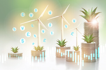 Return on investment on renewable clean energy for sustainability concept and alternative energy economic growth idea. Growing money plant and turbine on stack of coins with currency symbol background