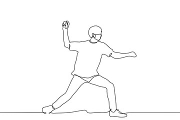 man in a mask makes a throw. one line drawing a man in summer clothes and in a protective mask is going to throw something far, he swung hard
