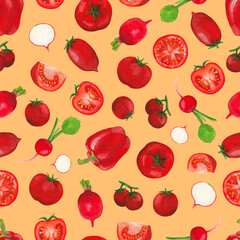 seamless raster print with red vegetables on an orange background. square seamless print with red radish, tomato, bell pepper, cherry tomato