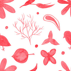 seamless watercolor floral red pattern. raster seamless square red watercolor print with leaves, flowers and birds isolated on white background