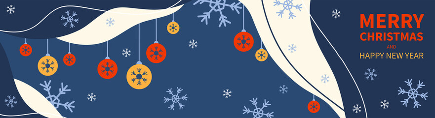 Christmas balls, snowflakes and greeting text. Horizontal Christmas banner, headers, sites. Flat modern design. Vector