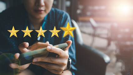 Customer service evaluation concept. Businesswoman pressing five stars rating on virtual touch...