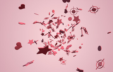 Shapes from a symbol of a heart, an arrow, a target are shot from one point. Valentine's day background. loop animation. 