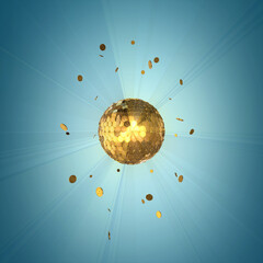 Shiny golden dance ball of gold coins bitcoins and with another many of gold coins rotates on its axis on a blue background. 3D image good for business. 