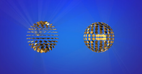 Two shiny golden ball of gold coins symbols of the American currency dollars and gold coins symbols of the European currency euro on a blue background. 