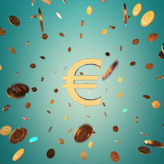 Glitters golden symbol of the European currency Euro and gold coins rotate on a blue background. 