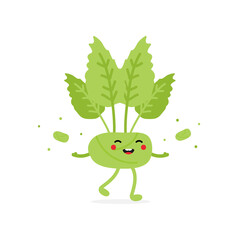 Cute happy and smiling cartoon style green kohlrabi character throwing confetti and small kohlrabi vegetables in the air.
