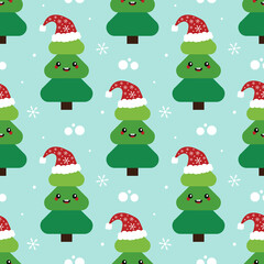 Cute cartoon style christmas tree character in santa hat and snowflakes vector seamless pattern background for winter holidays design.
