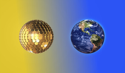 The globe and the globe with gold coins. Gold coins Euro currency symbol.