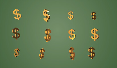 Gold signs and symbols of the American currency dollars rotate in a chaotic manner. 3D illustration