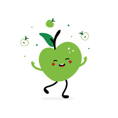Cute and happy cartoon style green apple character throwing confetti and apples in the air. Harvest concept illustration.
