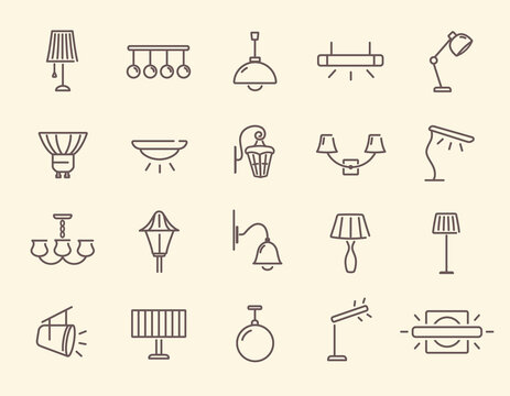 Simple set of lamps vector line icons. Lighting Equipment. Table lamps, floor light, spotlight and more. Editable Stroke. Set of outline black and white vector illustrations