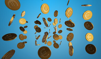 Gold coins and symbols of the European currency Euro rotate and turn. 3D illustration