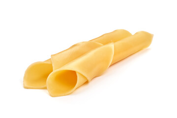 Dutch gouda cheese slices, isolated on white background