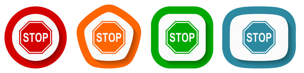 Stop, sign, danger, warning vector icon set, flat design buttons on white background