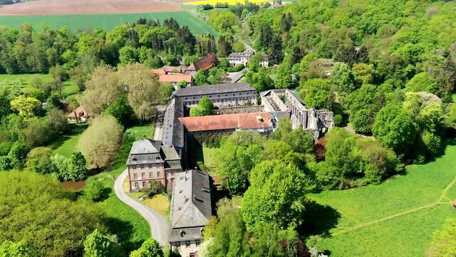 Aerial view, flight at  of Arnsburg monastery near Lich, Arnsberg, Hesse, Germany,