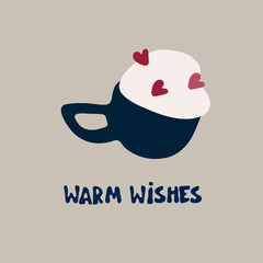 Greeting card, social media post design template. Cup of frothy coffee with heart shapes on milk foam. Christmas, New Year, winter holidays, Valentine day, romantic concept