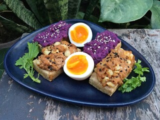 Tuna toast and sweet purple potato toast and boiled egg