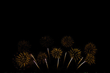 Fototapeta na wymiar Beautiful multi color fireworks explosions lighting sky over trees silhouette and over an illuminated,colorful fireworks celebration concept