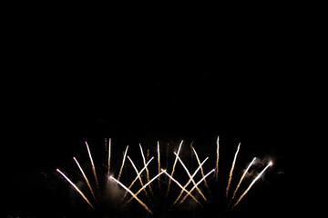 Beautiful multi color fireworks explosions lighting sky over trees silhouette and over an...