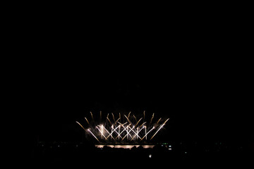Beautiful multi color fireworks explosions lighting sky over trees silhouette and over an illuminated,colorful fireworks celebration concept
