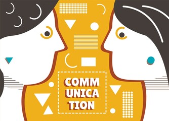 Illustration symbolizing communication between people. Two profiles of faces opposite each other on a geometric background.
