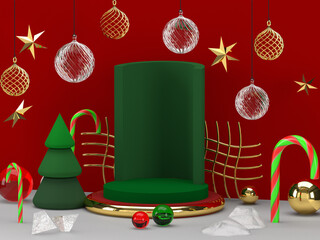 Green podium for christmas, new year. Christmas ladies, pendant Golden rings, Christmas tree new year, glass hanging balls. Red background. 3D rendering abstract composition.