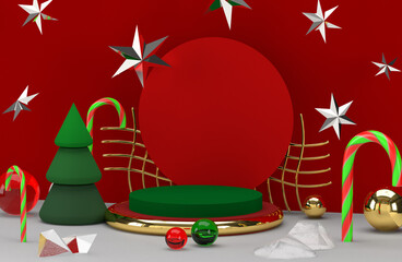 Red and green podium for Christmas, New Year. Christmas ladies, pendant silver rings, Christmas tree new year. Golden balls on a red background. 3D rendering abstract composition.