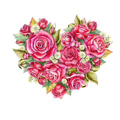 Flower arrangement, a bouquet of roses in the shape of a heart. Watercolor hand drawn illustration isolated on white background. Design Valentine's Day, birthday, wedding, invitation, postcard.