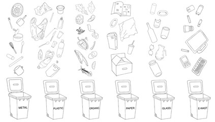 Trash cans with sorted garbage set. Different types of garbage - Organic, Plastic, Metal, Paper, Glass, E-waste. Vector collection of trash bins.