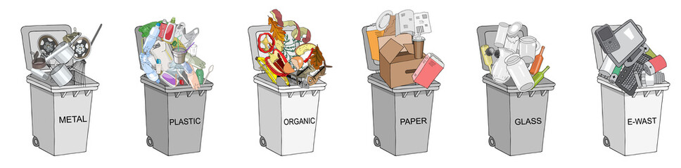 Trash cans with sorted garbage set. Different types of garbage - Organic, Plastic, Metal, Paper, Glass, E-waste.