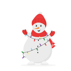 Cute snowmen in a red hat and scarf with christmas lights. Christmas vector illustration in flat style, isolated on white background