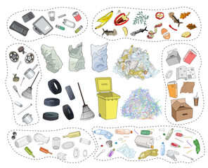 Large set of sorted garbage on white background. Hand drawn vector illustration.