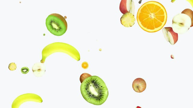 Rotating falling ripe tropical fruits. pattern on a white background. the style is minimal. cyclic animation. copy space. Change the size. presentation, form, blank
