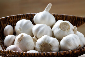 Garlic Cloves and Bulb in vintage organic woven wooden basket on dark black background. spice is an herb that is grown around the world.