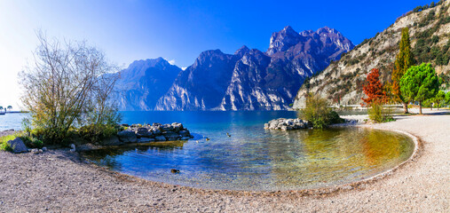 Wonderful autumn scenery. sunny morning in Riva del Garda. Garda lake , northern Italy