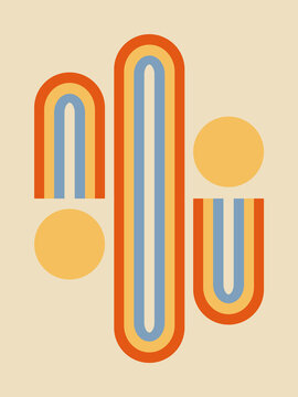 Art print trendy retro cover. Use for placards, brochures, posters, banners, wall decoration. Blue, red, yellow. Home interior poster. Rainbow, sun , arch vintage design
