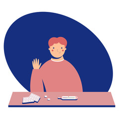 Recovery from colds. Happy boy after disease. Illustration of healthy person. Home treatment. Vector illustration isolated on white background.