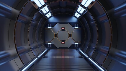 Science background fiction interior rendering sci-fi spaceship corridors blue light.