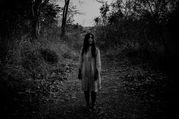 Portrait of asian woman make up ghost face with blood,Horror scene,Scary background,Halloween...