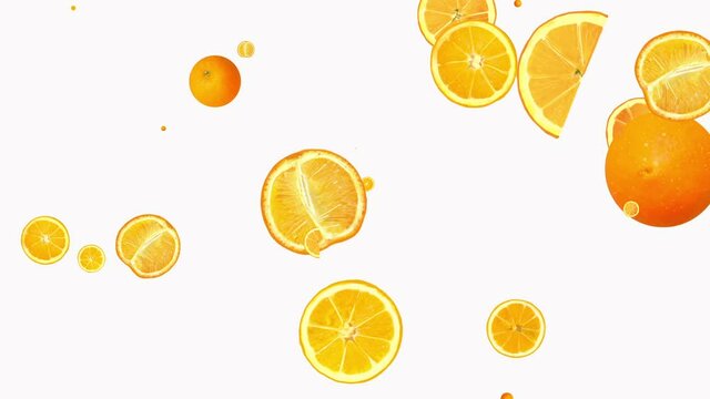 Flying many slices of oranges on a white background. Fresh fruits, food concept. Animation of rotating sliced orange fruits. Looped animation. Diet, health, fashion. Vitamin C