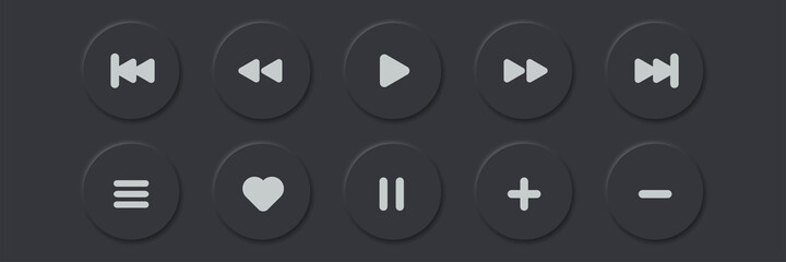 Online music player vector buttons. 3d modern design ui play stop button. Neomorphism graphic interface isolated button set. Video app click icons on dark  background. Black laylist control signs. © Passatic